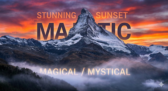 夕暮れ時の壮大な山と描写的なテキスト。