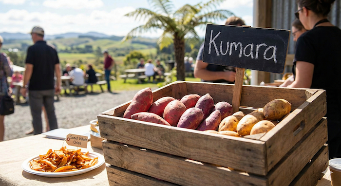 Kumara at New Zealand market. (ニュージーランドの市場で売られるクマラ)