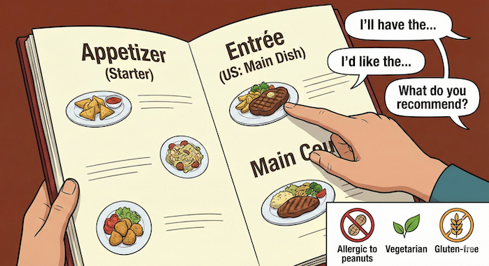 Ordering food from an English menu. / 英語メニューで料理を注文する。