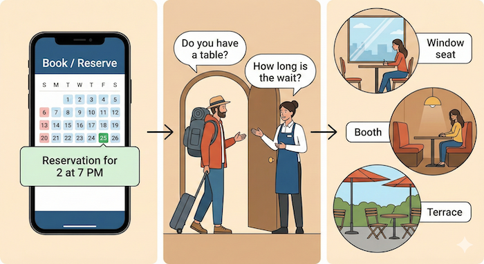 Restaurant entry process infographic. / レストラン入店の流れ、インフォグラフィック。