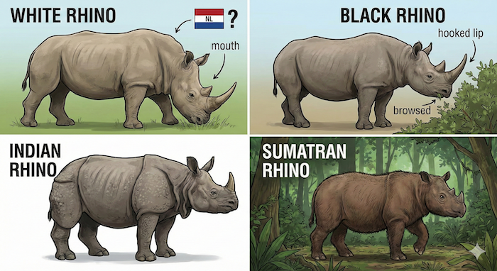 Infographic of four rhino species with English names. (4種類のサイの英語名と特徴のインフォグラフィック)