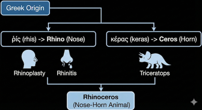 Diagram explaining the Greek etymology of Rhinoceros. (サイの語源を説明するギリシャ語の図)