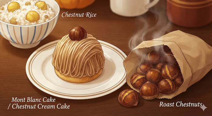 モンブラン、焼き栗、栗ご飯のイラスト。 / Mont Blanc, roasted chestnuts, and chestnut rice.