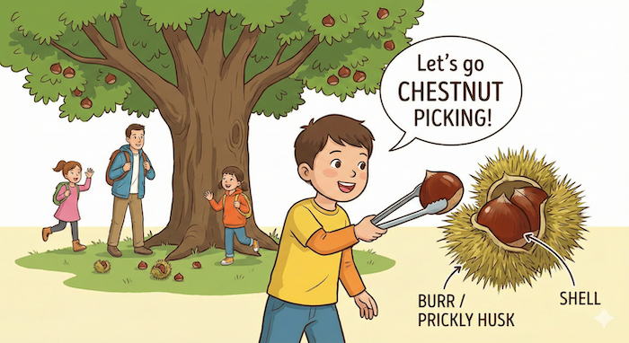 家族で栗拾いを楽しむイラスト。 / Family enjoying chestnut picking.