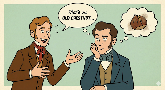 「Old Chestnut」のイディオムを説明する漫画。 / Cartoon illustrating the idiom "old chestnut".