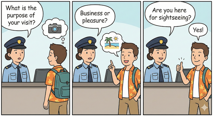 Three-panel comic strip showing immigration officer and traveler. / 入国審査官と旅行者の3コマ漫画。