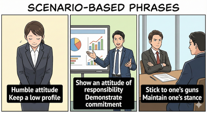 Three-panel comic of business scenarios with phrases / ビジネスシーンとフレーズの3コマ漫画