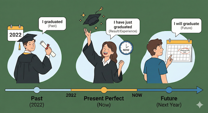 時制の使い分け（過去・完了・未来） 代替テキスト（English）：English Tenses Timeline (Past, Perfect, Future)