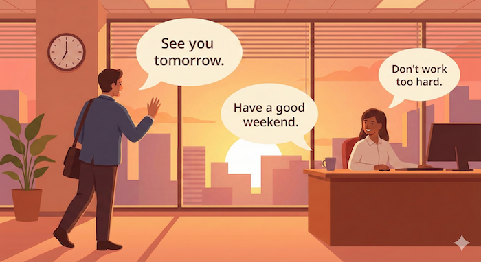 退社の挨拶、オフィス、夕方。 / Leaving office greetings, sunset.