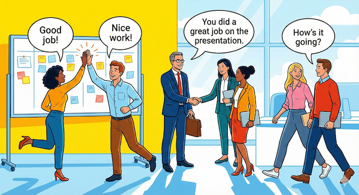 仕事の賞賛、オフィス、成功。 / Praising colleagues, office success.