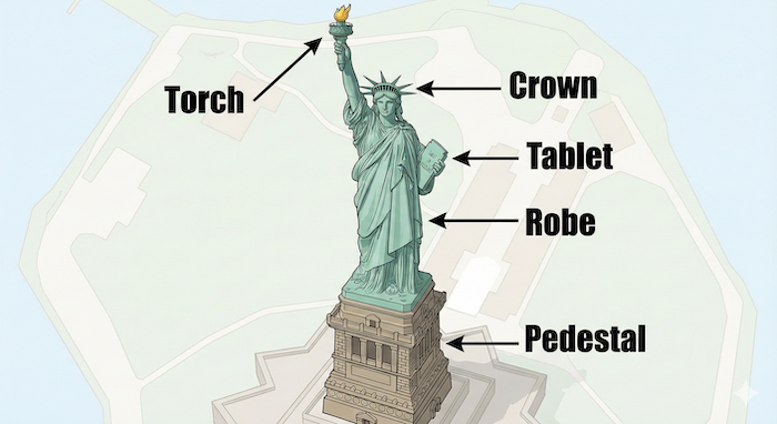 Diagram with Statue of Liberty vocabulary / 自由の女神の英単語図解