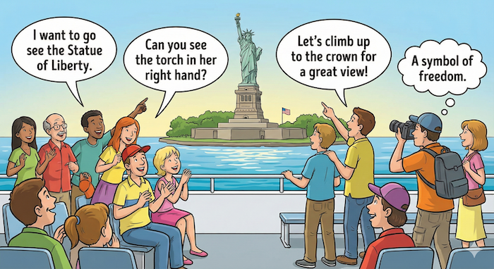 Tourists on ferry using English phrases / フェリーの観光客と英語フレーズ