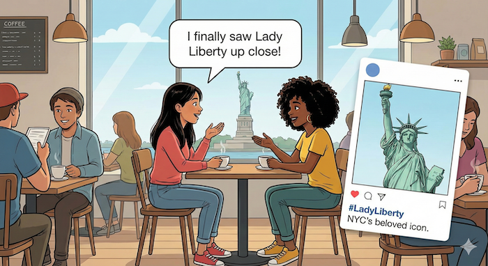 Friends chatting about Lady Liberty / 自由の女神について話す友人たち