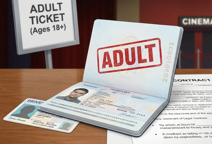 Passport with "ADULT" stamp. / 「ADULT」スタンプのパスポート。