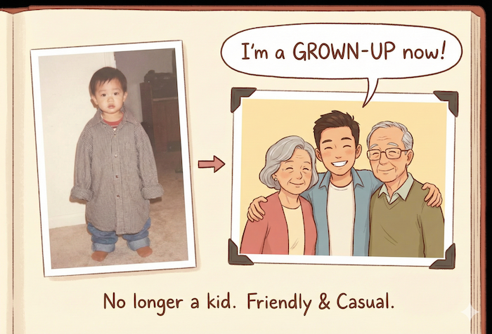 Photo album showing growth. / 成長を示すアルバム写真。