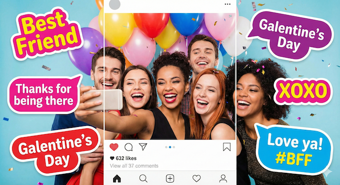 Friends taking a fun selfie at a party. / パーティーで楽しいセルフィーを撮る友人たち。