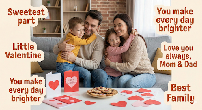 Happy family hugging in a cozy room. / 居心地の良い部屋で抱き合う幸せな家族。