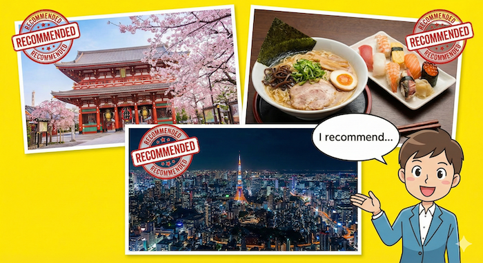 A collage of recommended Japanese tourist spots: a temple with cherry blossoms, ramen and sushi, and a city night view. / おすすめの日本の観光スポット（桜と寺、ラーメンと寿司、都市の夜景）のコラージュ画像。