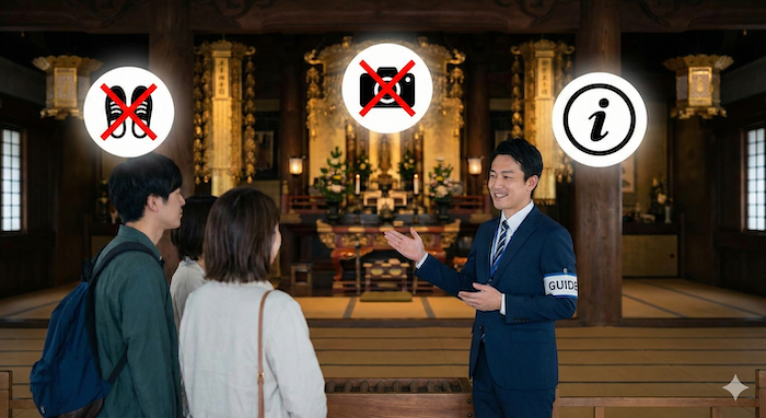A volunteer guide explaining rules (no shoes, no photos) to tourists in a Japanese temple. / 日本の寺院で、ボランティアガイドが観光客にルール（土足厳禁、撮影禁止）を説明している様子。