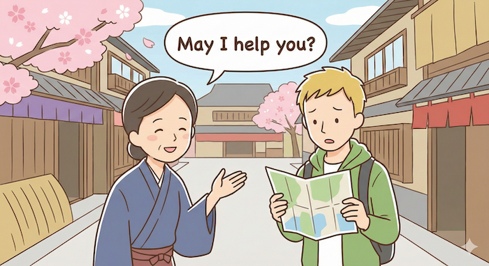 A friendly Japanese woman asks "May I help you?" to a confused foreign tourist with a map. / 困っている外国人観光客に、日本の女性が「May I help you?」と優しく声をかけるイラスト。