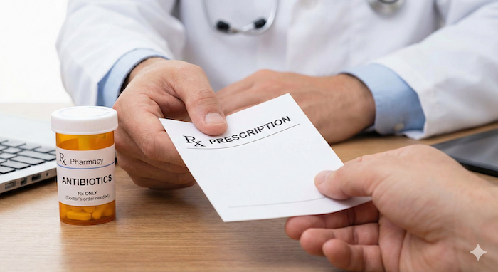 医師が患者に処方箋を渡す。