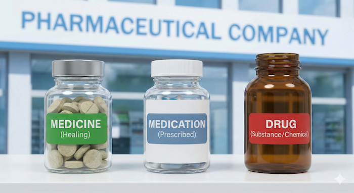 薬のボトル３種：medicine, medication, drug。