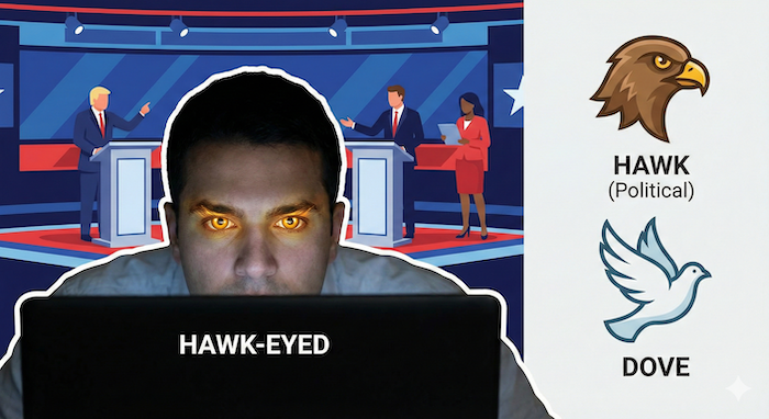 Infographic for "hawk-eyed" and "political hawk". 「ホークアイ」と「タカ派」のインフォグラフィック。