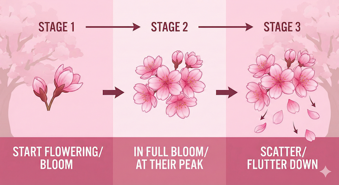 Cherry blossom blooming stages timeline / 桜の開花段階タイムライン