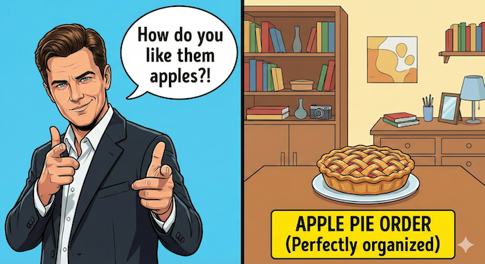 Two apple idioms: "How do you like them apples" and "Apple pie order". 代替テキスト: 2つのリンゴイディオムのイラスト。