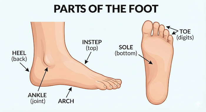 Anatomical chart of foot parts. / 足の部位の解剖図。