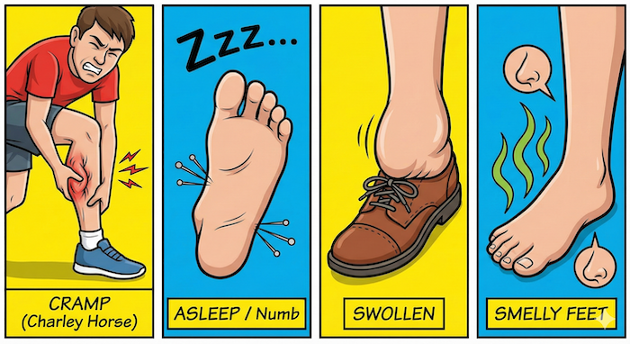 Four-panel comic of foot problems. / 足のトラブルの4コマ漫画。