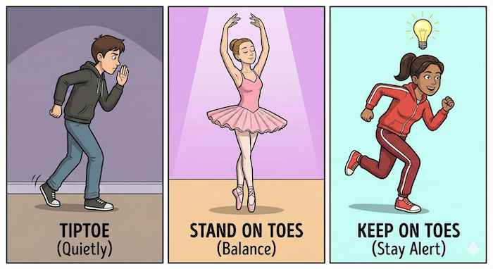 Three-panel illustration of toe idioms. / 足の指の慣用句の3コマ漫画。