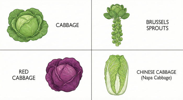 Four types of cabbage with English names. (4種類のキャベツと英語名)