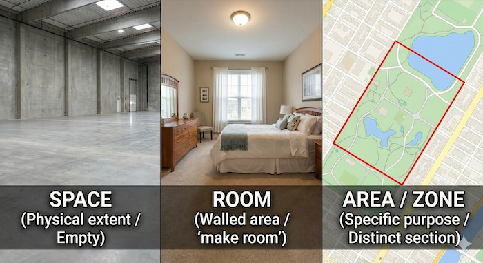 Space, Room, Areaの比較写真。 (Comparing Space, Room, and Area.)