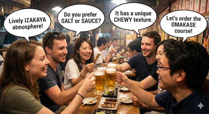 People enjoying Yakitori in Izakaya / 居酒屋で焼き鳥を楽しむ人々