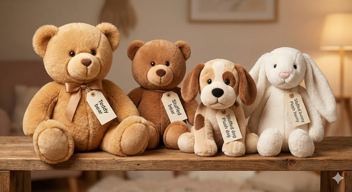 Classic stuffed animals on shelf. / 定番動物のぬいぐるみ棚。