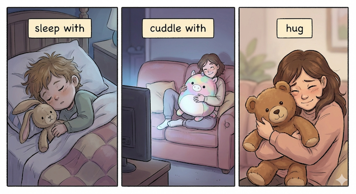 Plush toy interaction comic strip. / ぬいぐるみとの触れ合いコミック。