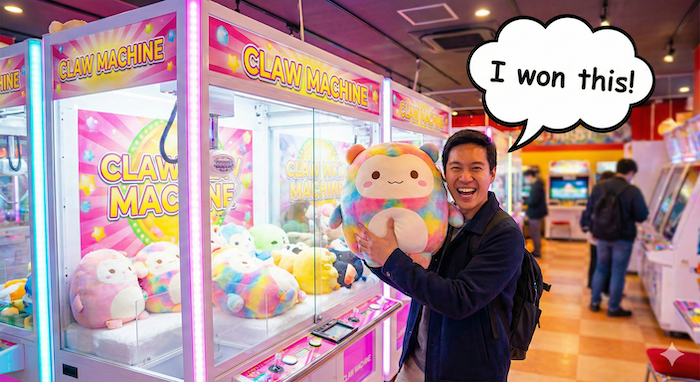 Winning a claw machine prize. / クレーンゲームで景品を獲得。