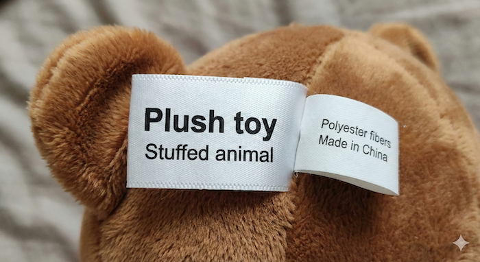 Close-up of plush toy labels. / ぬいぐるみの製品タグの拡大写真。