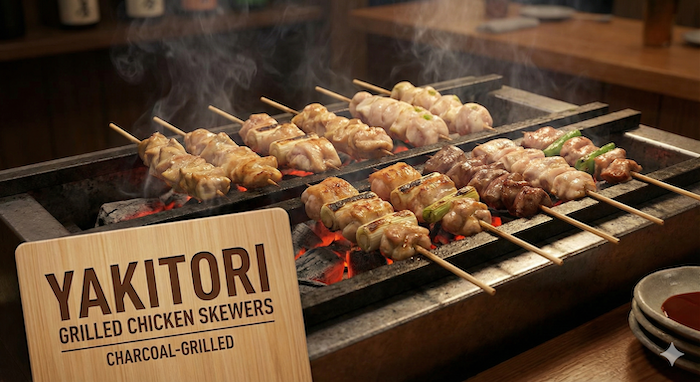 Yakitori grilling on charcoal / 炭火で焼かれる焼き鳥