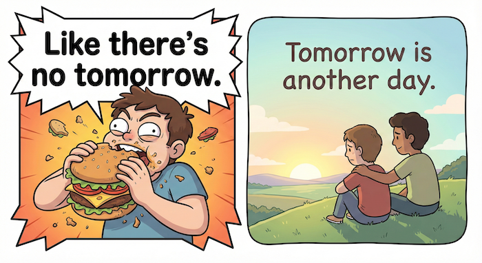 Two-panel comic illustrating "tomorrow" idioms. "Tomorrow"のイディオムを描いた2コマ漫画。