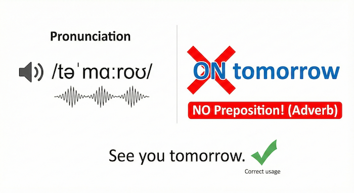 Infographic on "tomorrow" pronunciation and grammar. "Tomorrow"の発音と文法の図。