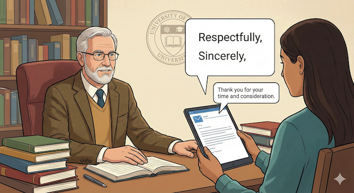 Student email to university professor. / 教授への英語メール結びイラスト。