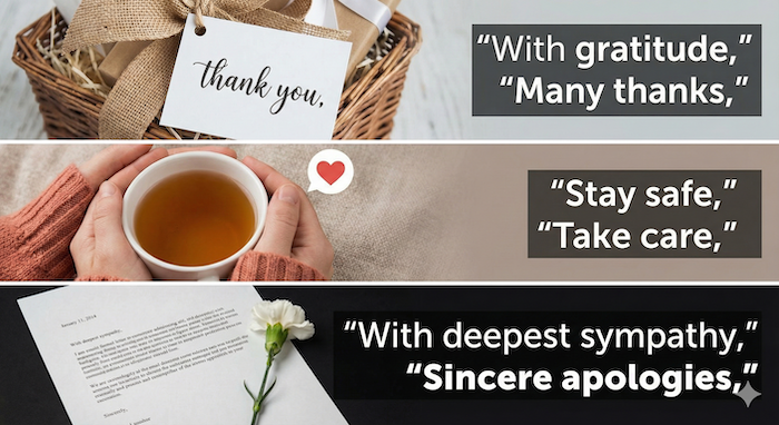 Situational email sign-off collage. / シーン別英語メール結びコラージュ。