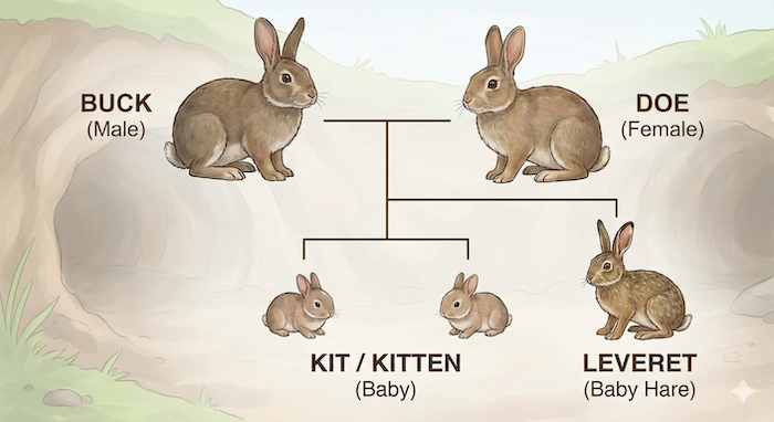ウサギの性別と年齢を表す用語の図。
