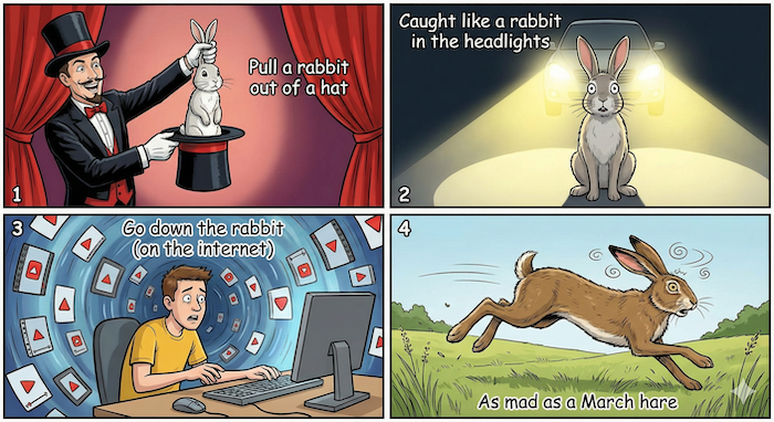 ウサギを使った英語の慣用句の漫画イラスト。