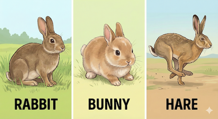 ウサギ、子ウサギ、野ウサギの比較イラスト。