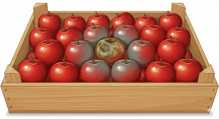 Rotting apple spoils others. (JP) 他を腐らせる腐ったリンゴ。