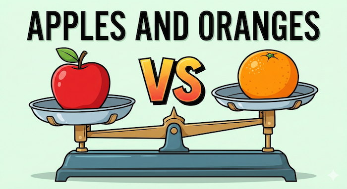 Apple and orange on scale. (JP) 天秤に乗ったリンゴとオレンジ。