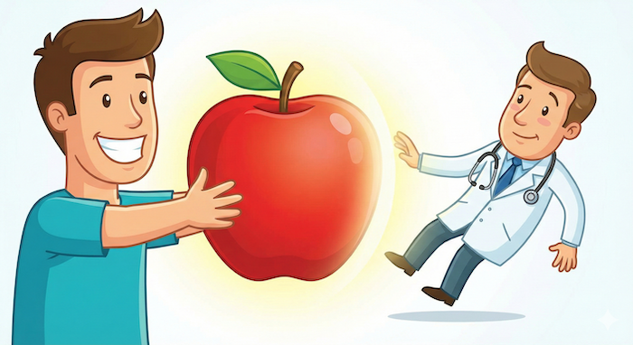 Person with apple, doctor away. (JP) リンゴで医者を遠ざける人。